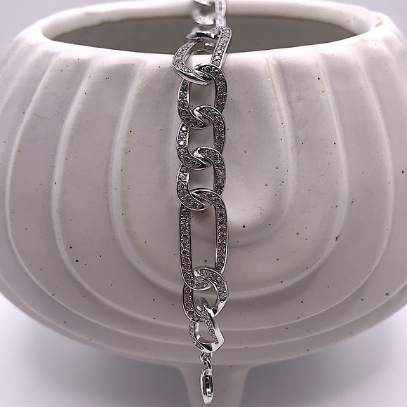 .925 Sterling Silver Curb Bracelet with Cubic Zirconia Links - NWT - Picture 1 of 4